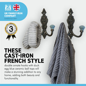Set of 2 CAST IRON FRENCH STYLE DOUBLE ORNATE HOOKS | Duck Egg Blue Ceramic Ball Tops | Cloakroom Hook | Decorative Double Hook, hat and coat hook | 15cm x 11cm. .
