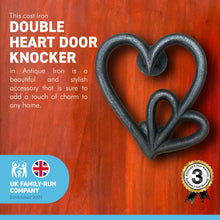 Load image into Gallery viewer, Cast Iron antique style Double Heart Door Knocker | The size of this door knocker is 15cm (L) x 14cm (W) | Fixing Screws Supplied

