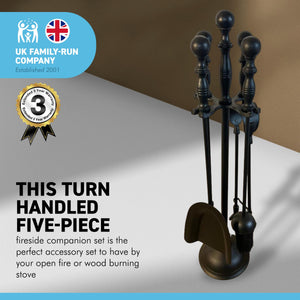 Metal black turn handled 5-piece fireside companion set