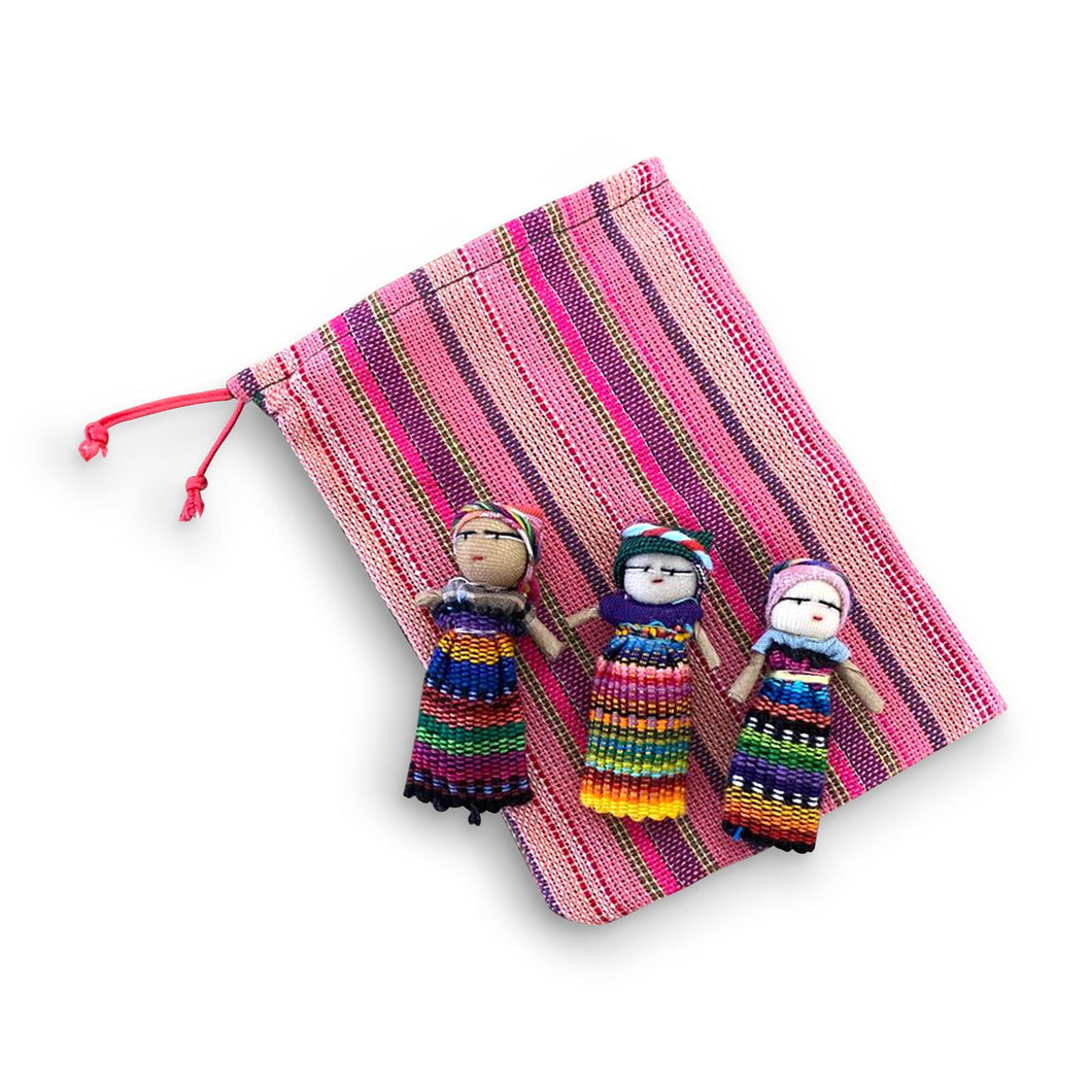 Set of 3 Guatemalan handmade Worry Dolls with a colourful crafted storage bag