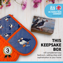 Load image into Gallery viewer, WOODEN PUFFIN DESIGN KEEPSAKE BOX and OVEN GLOVE CUTE PUFFIN SEA BIRD DOUBLE OVEN MITTS | Keepsake and Wooden Gift Boxes | Heat Resistant Kitchen Oven Mitts with Soft Quilted Cotton Lining Filling
