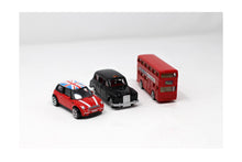 Load image into Gallery viewer, Three Piece Iconic London die cast toy car set includes Taxi, Red London double decker bus and BMW Mini / London souvenirs / Union Jack flag / Holiday gifts / British Gifts
