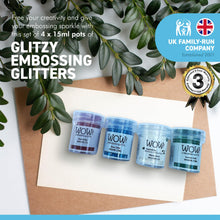 Load image into Gallery viewer, WOW! 4 piece Embossing Glitter Glitz Collection| 4 x 15ml pots | Blue White Red and Green Glitz | Free your creativity and enhance your card making sparkle | High-quality and NON-TOXIC
