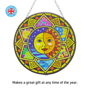 Glass sun catcher with sun and moon design | 150mm diameter with chain for hanging | colour catcher | window decoration | perfect for conservatory | living rooms | garden | garden hanging | suncatcher