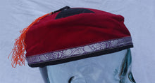 Load image into Gallery viewer, Red medium Tibetan trim smoking / thinking / lounging cap with tassels
