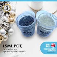 Load image into Gallery viewer, WOW! 2-piece Embossing Glitter Snowy Nights Collection| 2 x 15ml pots | Silver Snow and Midnight Dream | Free your creativity and enhance your card making sparkle
