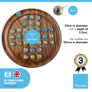 30cm Diameter WOODEN SOLITAIRE BOARD GAME with SOAP BUBBLE CLEAR PEARLESCENT GLASS MARBLES | classic wooden solitaire game | strategy board game | family board game | games for one | board games