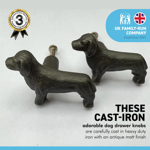 Pack of 2 CAST IRON ADORABLE DOG DRAWER KNOBS for Kitchen cupboards | Cast Iron Antique style finish | Vintage charm meets modern functionality | 6.5cm wide x 2cm depth