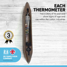 Load image into Gallery viewer, GALILEO THERMOMETER IN AN ANTIQUE FLYING SHUTTLE | Antique Shuttle originating from the textile Mills in Northern England | Weather station | Water Thermometer
