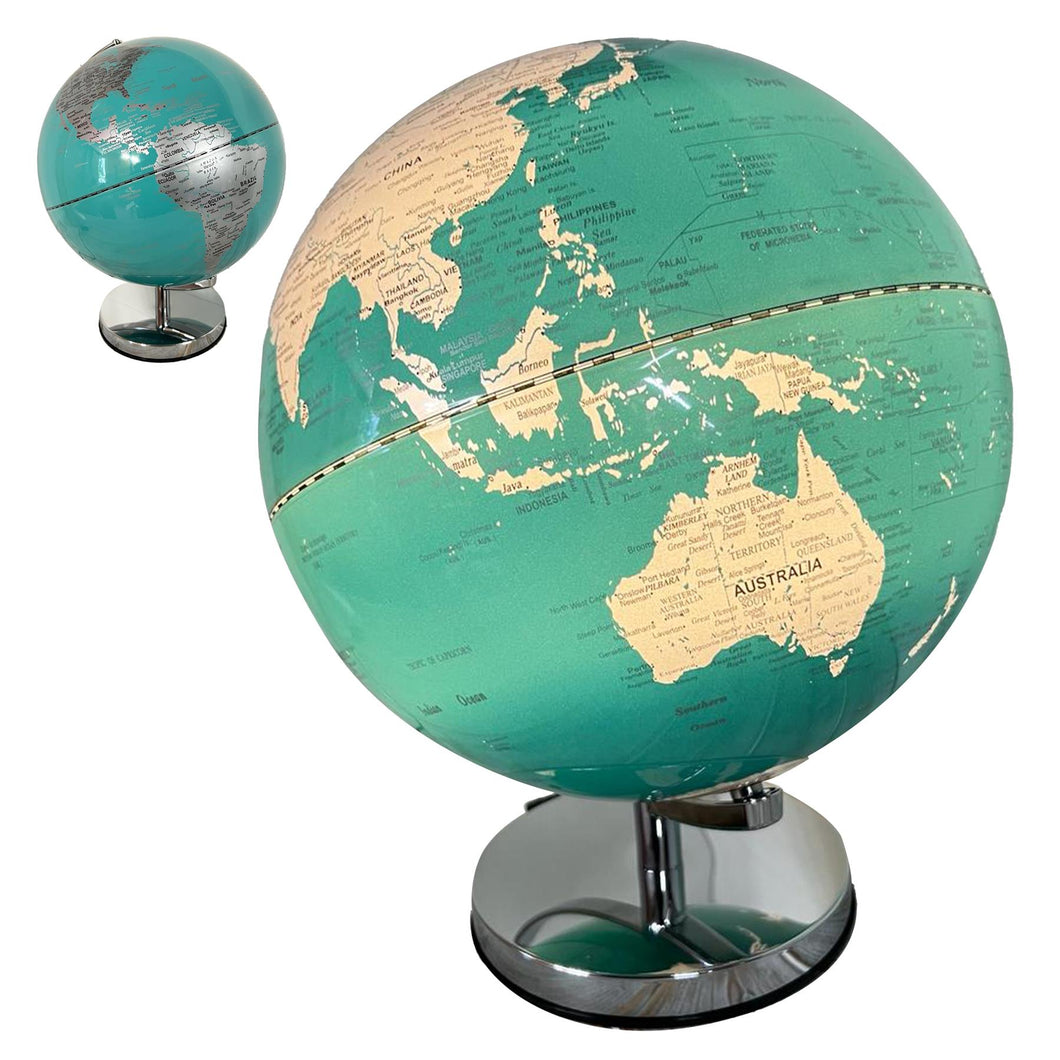 30cm diameter Turquoise Oceans illuminated globe with sturdy metal base | Interactive study globe | illuminated globes of earth | 30cm (w) x 40cm (h) | Illuminated globe for Children and Adults.
