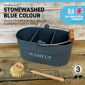 Stonewashed Blue colour kitchen sink enamel washing up sink tidy with wooden handled brush