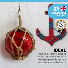 Load image into Gallery viewer, DEEP RED GLASS FISHING FLOAT ORNAMENTAL SEA BUOY | hand blown | nautical seafaring fishing rustic décor | 10cm diameter | with rustic brown string netting and hanging loop
