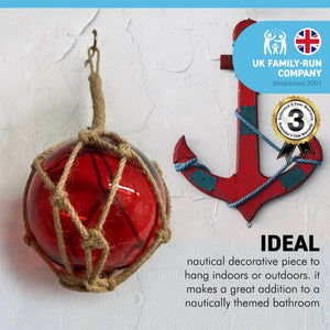 DEEP RED GLASS FISHING FLOAT ORNAMENTAL SEA BUOY | hand blown | nautical seafaring fishing rustic décor | 10cm diameter | with rustic brown string netting and hanging loop