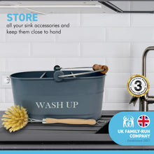Load image into Gallery viewer, Stonewashed Blue colour kitchen sink enamel washing up sink tidy with wooden handled brush

