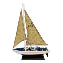 Load image into Gallery viewer, DETAILED WOODEN ASSEMBLED DISPLAY MODEL PRECISION RACING YACHT | Ready for display |features adjustable rigging blocks sewn cotton sails raised gunwales and brass fittings | 43cm (H) x 30.5cm (L)
