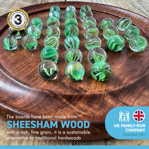22cm Diameter WOODEN SOLITAIRE BOARD GAME with LUSH GREEN SWIRL GLASS MARBLES