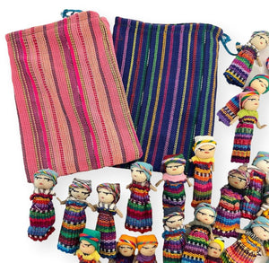Set of 13 Guatemalan handmade Worry Dolls with 2 colourful crafted storage bags