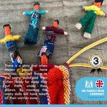Load image into Gallery viewer, Set of 5 Mini-Guatemalan handmade Worry Dolls with a colourful crafted storage bag | Worry Dolls for Girls | Worry Dolls For Boys | Anxiety Dolls | Worry Doll | Guatamalan Doll

