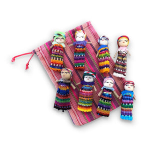 Set of 8 Guatemalan handmade Worry Doll with a colourful crafted storage bag