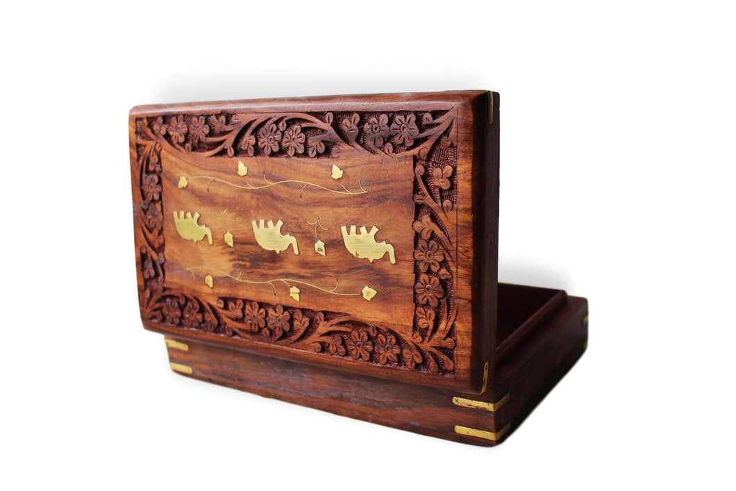 Flower Pattern Wooden Brass Elephants Treasure Chest Trinket Box