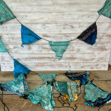 Load image into Gallery viewer, Recycled Sari Fabric Bunting- Aqua- Festival Flags- Garland - Party Decoration - Wedding/ Birthday celebrations - 5m long.
