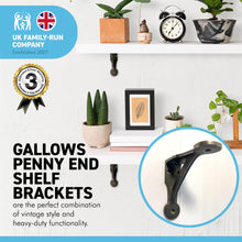Load image into Gallery viewer, 2 x GALLOWS PENNY END SHELF BRACKETS – 4 X 4 Inch Grey Cast Iron Heavy Duty Pair of Wall Brackets for Shelves | Grey Shelf Brackets | Vintage Wall Shelf brackets
