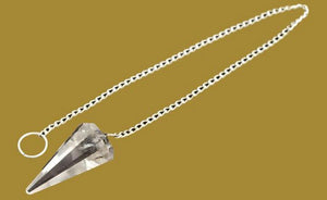 Clear faceted clear crystal pendulum on silver chain with pendulum board