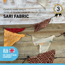 Load image into Gallery viewer, RECYCLED SARI FABRIC BUNTING | Orange colours | 5m long | Garland for Garden Wedding Birthday Indoor Outdoor Party Decoration Festival | Diwali bunting | Bohemian Bunting | Fair Trade

