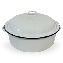 Load image into Gallery viewer, White 26cm diameter enamel roaster with navy blue edging | supplied with matching lid  | Tableware | casserole roasting oven dishes | Traditional classic style | baking bakeware
