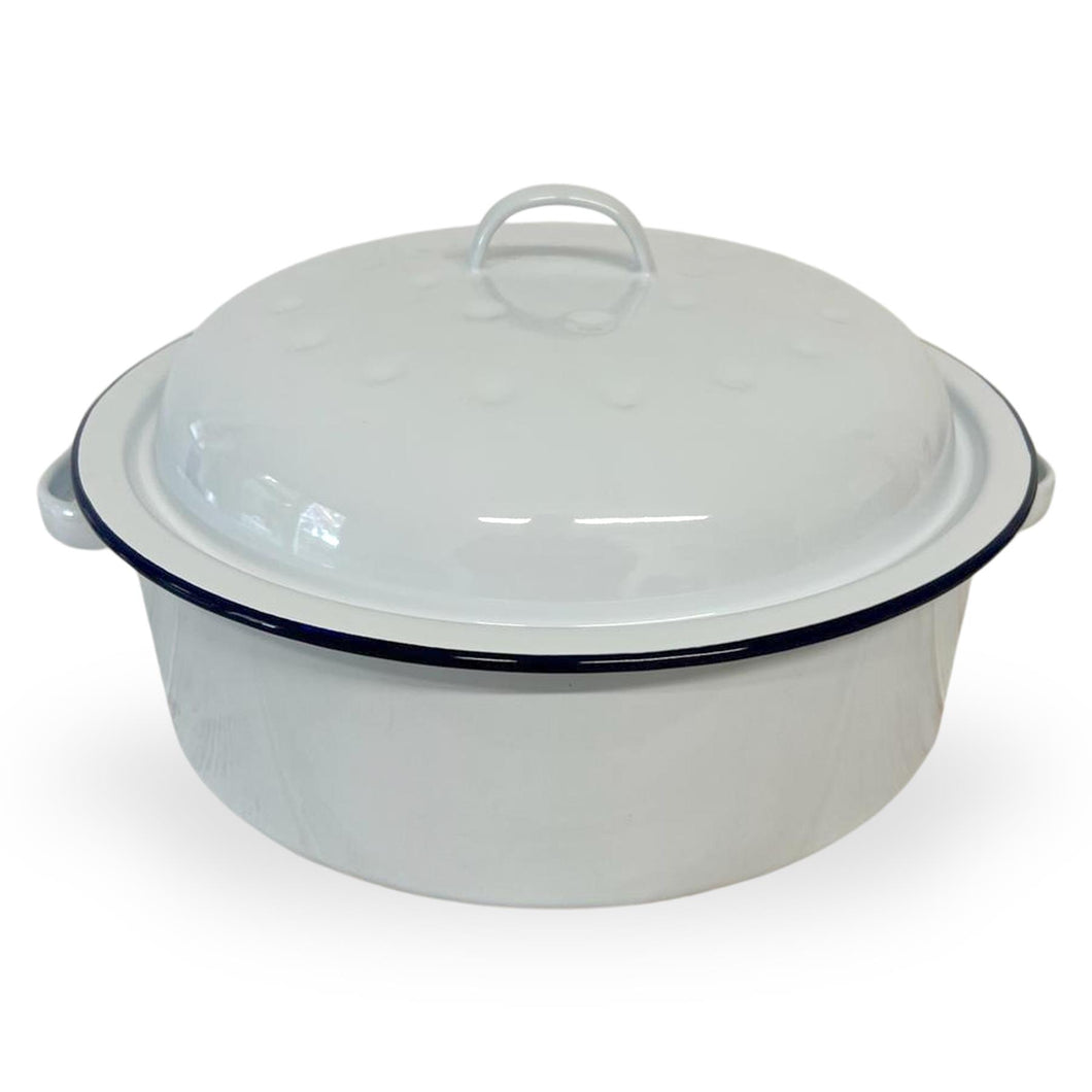 White 26cm diameter enamel roaster with navy blue edging | supplied with matching lid  | Tableware | casserole roasting oven dishes | Traditional classic style | baking bakeware