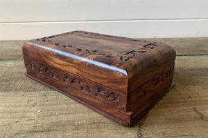 Carved Pattern Dark Wood Treasure Chest Trinket Box
