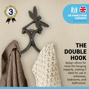 Cast Iron Dragonfly Double Robe Hook | Cloakroom Hook | Decorative Double Hook |Height 130mm x Width 100mm x Depth 30mm | Fixing Screws Supplied