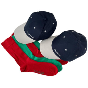 CAPTAIN and SKIPPER BASEBALL CAP with 2 PAIRS of NAUTICAL cotton rich woven SOCKS