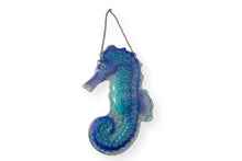 Load image into Gallery viewer, LARGE GLASS SEAHORSE WALL HANGING PLAQUE | Bathroom hanging ornament outdoor nautical glass decoration | Seaside décor | nautical décor | 44cm (L) x 26cm (W) | Bathroom wall art
