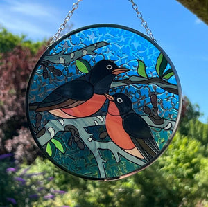 Robin Redstart Glass sun catcher | 150mm diameter with chain for hanging | colour catcher | window decoration | perfect for conservatory