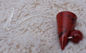 Red Jasper quartz cone pendulum dowser on silver chain with pendulum board