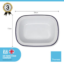 Load image into Gallery viewer, White 24cm oblong enamel Pie Dish with navy blue edging
