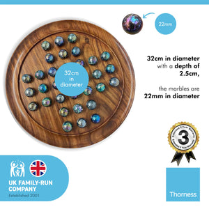 30cm Diameter WOODEN SOLITAIRE BOARD GAME with JUNIPER SPECKLED BLUE GREEN GLASS MARBLES