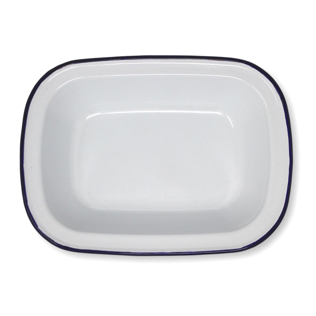 White 20cm long oval enamel Pie Dish with navy blue edging | Bring traditional style to your table