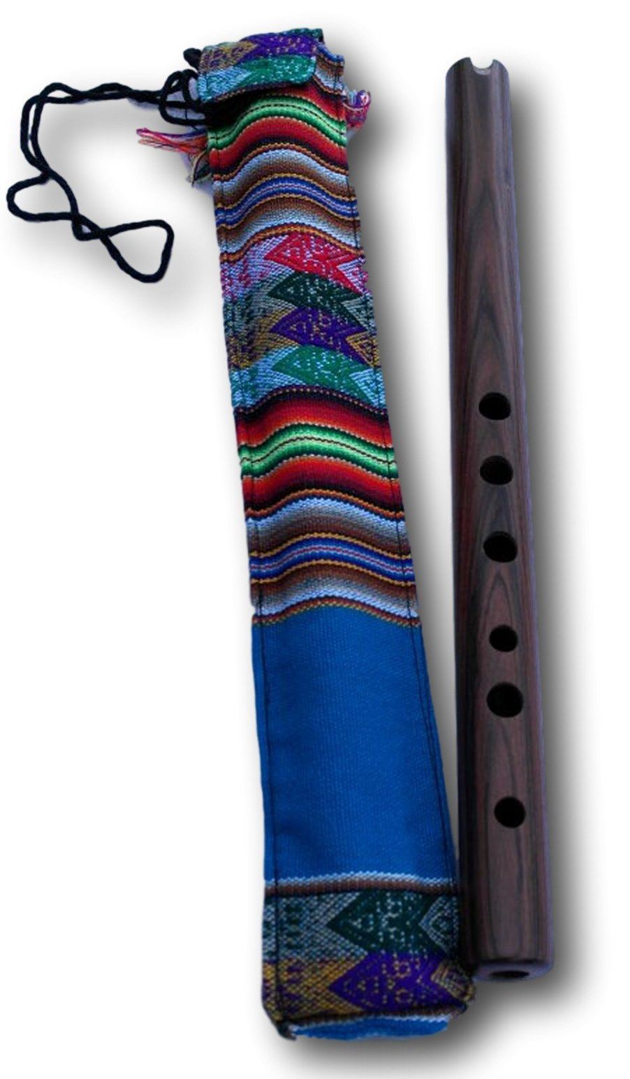 Wooden Andean Quena Jacaranda flute with a decorated protective carry bag