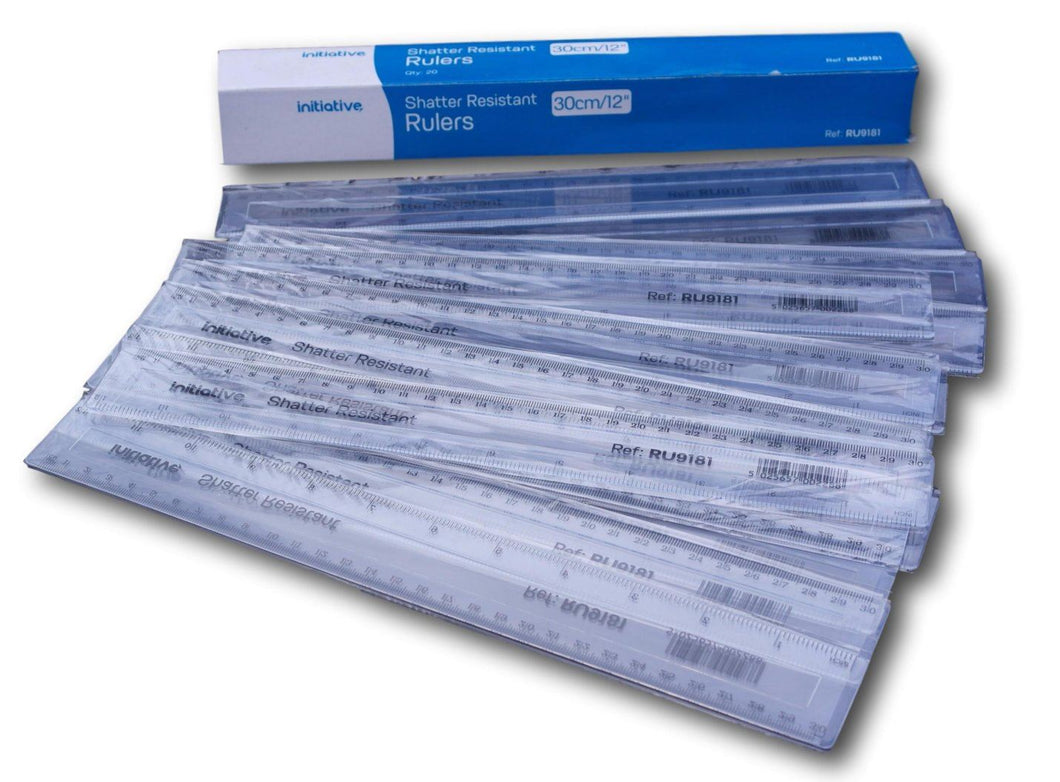 Pack of 20 shatter resistant clear plastic rulers 30cm (12 Inch)