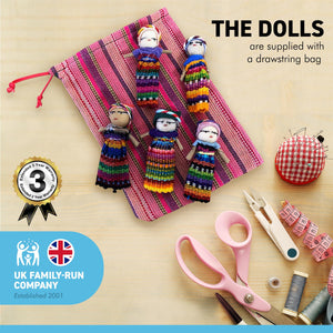 Set of 7 Guatemalan handmade Worry Dolls with a colourful crafted storage bag