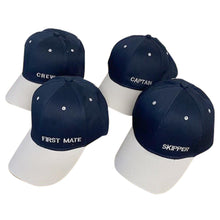 Load image into Gallery viewer, SET OF 4 NAUTICAL CAPS | CAPTAIN SKIPPER FIRST MATE and CREW Hats for the whole team
