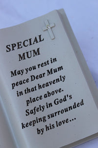 Free standing Special Mum book shaped memorial with inspirational verse