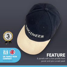 Load image into Gallery viewer, Adjustable size ENGINEER BLACK BASEBALL CAP | yachting cap | sailors cap | 100% cotton twill material | low profile front contrast peak | six panel hat
