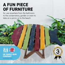 Load image into Gallery viewer, Small WOODEN FOLDING FISH shaped SIDE TABLE with distressed finish | Multi coloured | 40cm (L) x 30cm (W) x 32cm
