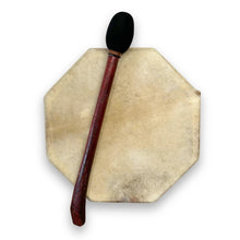 Load image into Gallery viewer, Shamanic Tribal Sami hand drum with wooden beater | frame drum | medicine | Indonesian Pagan Hand Drum | wooden frame | weaved handles at the rear | deep resonant tone
