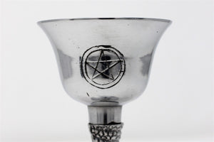 Silver coloured gothic goblet chalice with magic pentagram symbol perfect for use as a home altar piece / wiccan / wicca / meditation / gothic