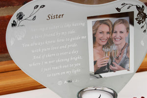 Sister Memorial Plaque with Inspirational poem, candle and glass photo holder