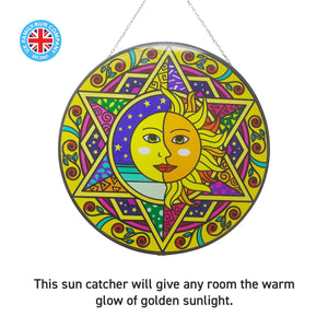 Sun and moon glass sun catcher | 150mm diameter with chain for hanging | colour catcher | window decoration | perfect for conservatory | living rooms | garden | garden hanging | suncatchers | rainbow